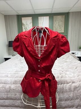 Cachet Red Satin Belted Blazer Top Puff Sleeve Rhinestone Size 8